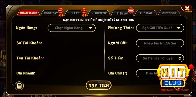 Nạp tiền Hit Club bằng hình thức thông qua ngân hàng